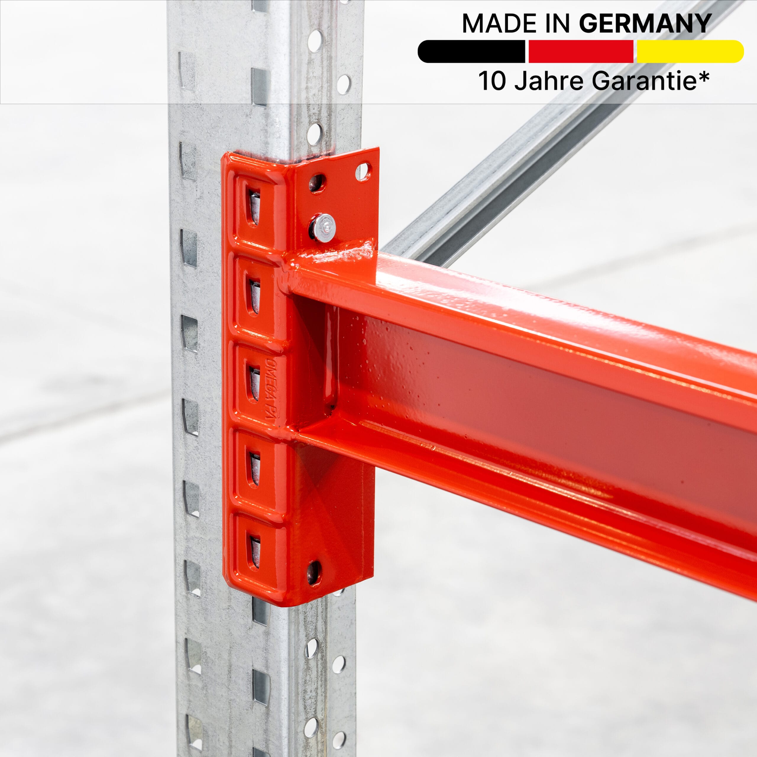 Palettenregal - Detailansicht, mit MADE IN GERMANY Sticker